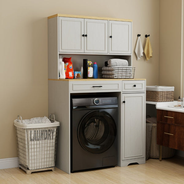 English Elm Over Washer Dryer Laundry Cabinet with Basket Drawer Adjustable Shelves Antique White W1120P338184