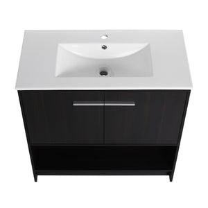 English Elm 36" Bathroom Vanity With Ceramic Sink, Soft-Close Doors, Modern Plywood Cabinet & Open Shelf Storage W1972S00020