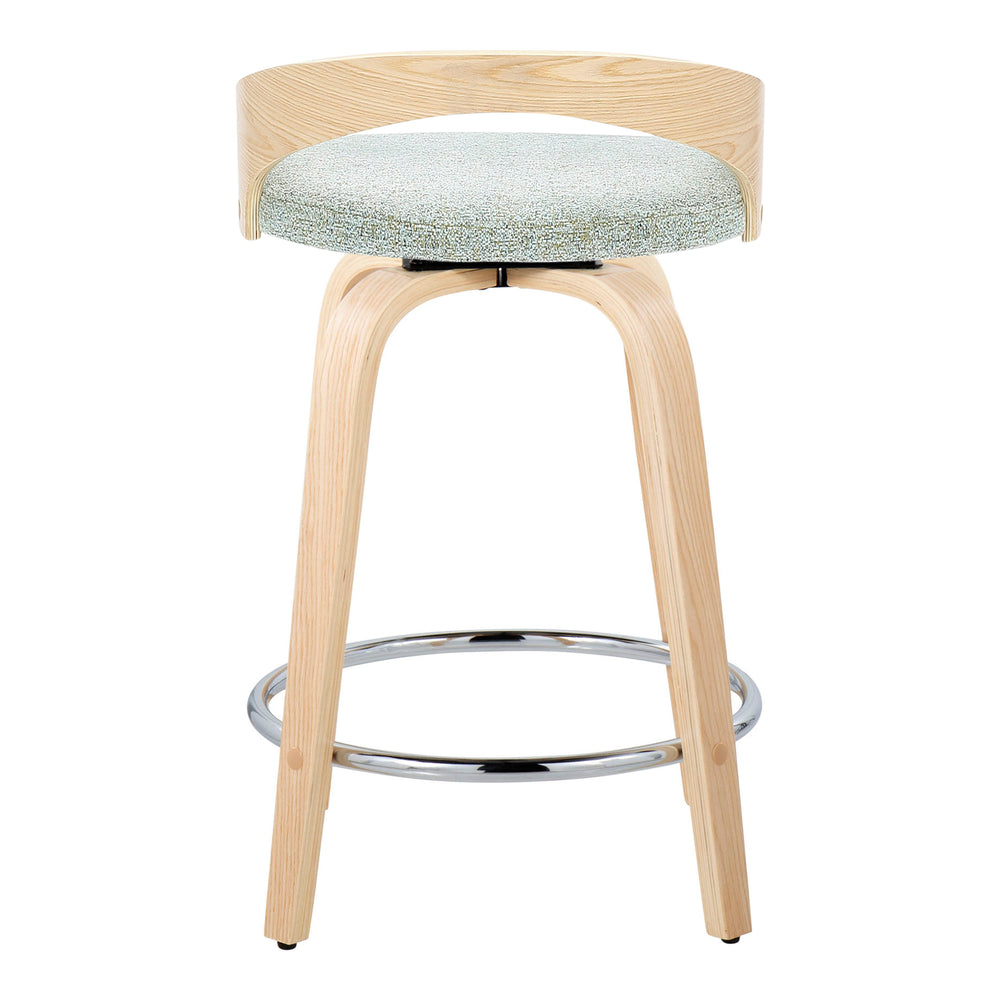 English Elm Grotto 24" Contemporary Counter Stool Set of 2 — Swivel Light Green Fabric, Natural Wood Legs, Chrome Footrest B202S00069