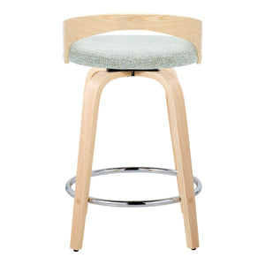 English Elm Grotto 24" Contemporary Counter Stool Set of 2 — Swivel Light Green Fabric, Natural Wood Legs, Chrome Footrest B202S00069