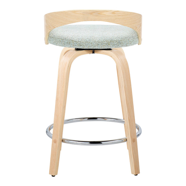 English Elm Grotto 24" Contemporary Counter Stool Set of 2 — Swivel Light Green Fabric, Natural Wood Legs, Chrome Footrest B202S00069