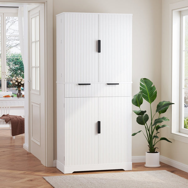 English Elm 72" Fluted Kitchen Pantry Cabinet with Anti-Tilt Stabilizers, Triple-Fold Hinges, Spice Door Racks and Deep Storage White W2917P294978