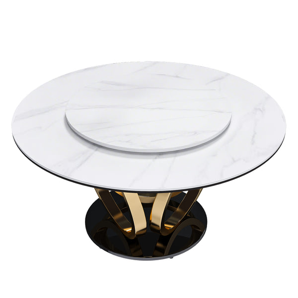 English Elm 53" Round Dining Table With 360° Lazy Susan - Stain & Heat Resistant Sintered Stone For Modern Spaces W2699S00032