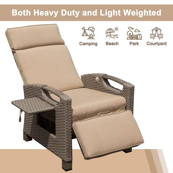 English Elm Outdoor Recliner Chair with Hand‑Woven Resin Wicker, Built‑In Flip Table, Thick Cushions, 150° Recline Beige W1859P196426