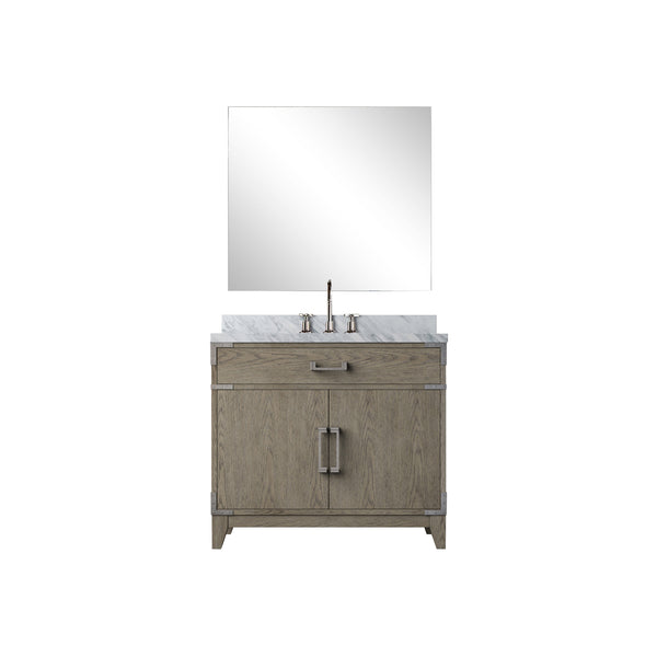English Elm Grey Oak Single Bath Vanity Set With Carrara Marble Top, Chrome Faucet & 34” Mirror For Chic Bathrooms B2731S02011