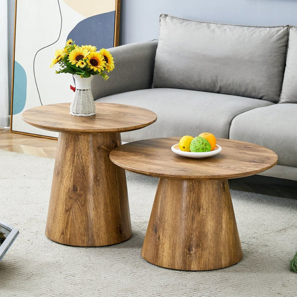 English Elm Nested Round Coffee Table Set Two Piece Wood Grain Veneer for Living Room or Office W2920S00113