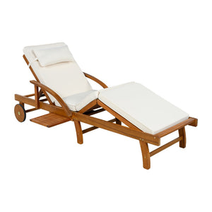 English Elm U_style Acacia Wood Outdoor Chaise Lounger with Reclining Backrest Cushions and Side Tray Beige N711P415859A