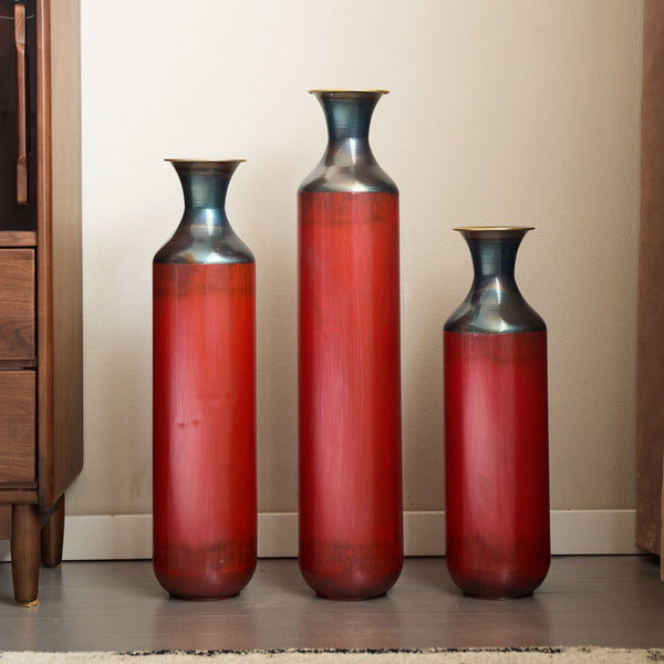 English Elm Floor Red Metal Vase Set 3-Piece Droplet Sculptures — Modern Glazed Tall Decorative Vases for Home W2796P371277