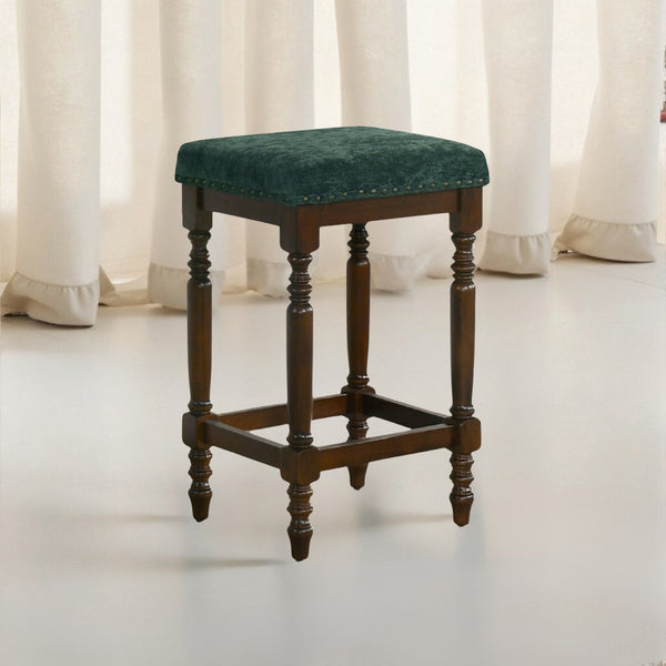English Elm Set of 2 Rustic Counter Stools with Cushioned Faux Leather Seats, Solid Wood Build, Space-Saving 25" Walnut W2537P298995