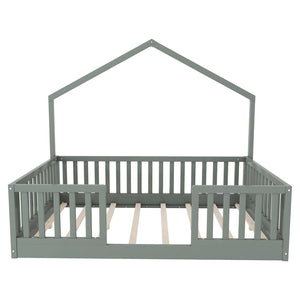 English Elm Twin Montessori Floor Bed House Frame with Led Lighting and Safety Rails for Kids Grey W2593P440606