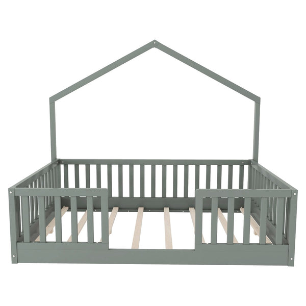 English Elm Twin Montessori Floor Bed House Frame with Led Lighting and Safety Rails for Kids Grey W2593P440606