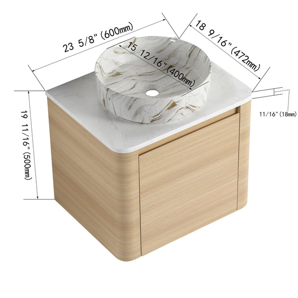 English Elm 24'' Sleek Wall-Mounted Bathroom Vanity With Ceramic Vessel Sink & Soft-Close Door For Small Spaces W999S00459