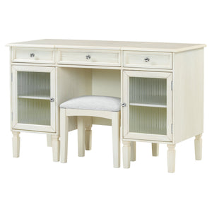English Elm 2-in-1 Vanity Desk with Flip Mirror and Ample Storage — White Oak Dressing Table & Workstation N844P292487E