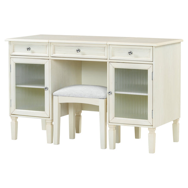 English Elm 2-in-1 Vanity Desk with Flip Mirror and Ample Storage — White Oak Dressing Table & Workstation N844P292487E