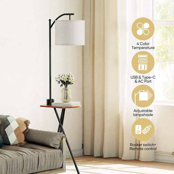 English Elm Floor Lamp with Built-in Side Table Usb Charging Remote Dimming for Living Room Black W3355P440804