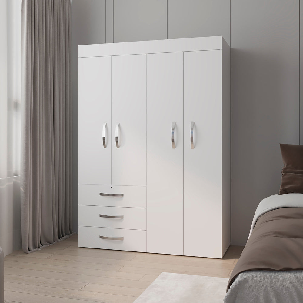 English Elm White 4-Door Wardrobe with Drawers and Shelf — Spacious Concealed Storage, 3 Drawers, 2 Shelves, Timeless White Finish B062S00627