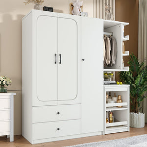 English Elm Multifunctional Wardrobe Cabinet with Fold Out Desk Hanging Rod and Storage Drawers Light White W1580S00475