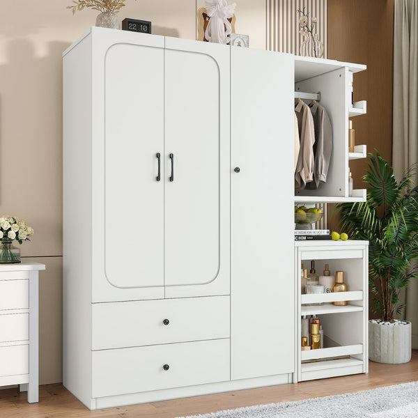English Elm Multifunctional Wardrobe Cabinet with Fold Out Desk Hanging Rod and Storage Drawers Light White W1580S00475