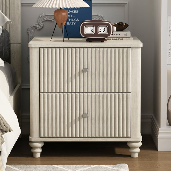 English Elm Fluted Oak Finish Nightstand with Three Drawers Mid Century Modern Bedroom Side Table Beige W1716P298927