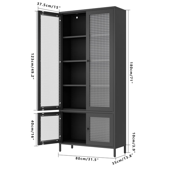 English Elm Large Metal Storage Cabinet with 4 Waffle-Grid Tempered Glass Doors, 5 Shelves, Rust-Resistant Steel Finish W2378P176273