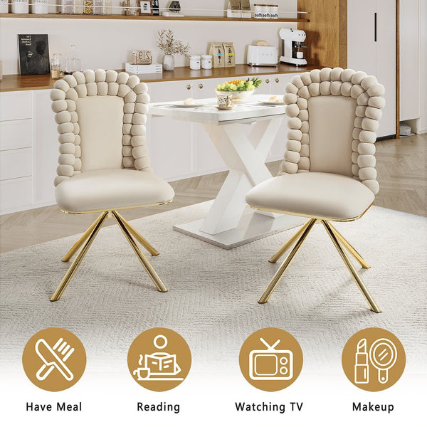English Elm Dining Velvet Swivel Chairs Set of 2 with Hairball Backrest, Gold Metal Legs, Plush Foam Seat, Adjustable Feet Beige W757P281151