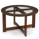 English Elm Cylina Solid Wood Glass Top Round Table Set, Coffee Table With 4 Stools