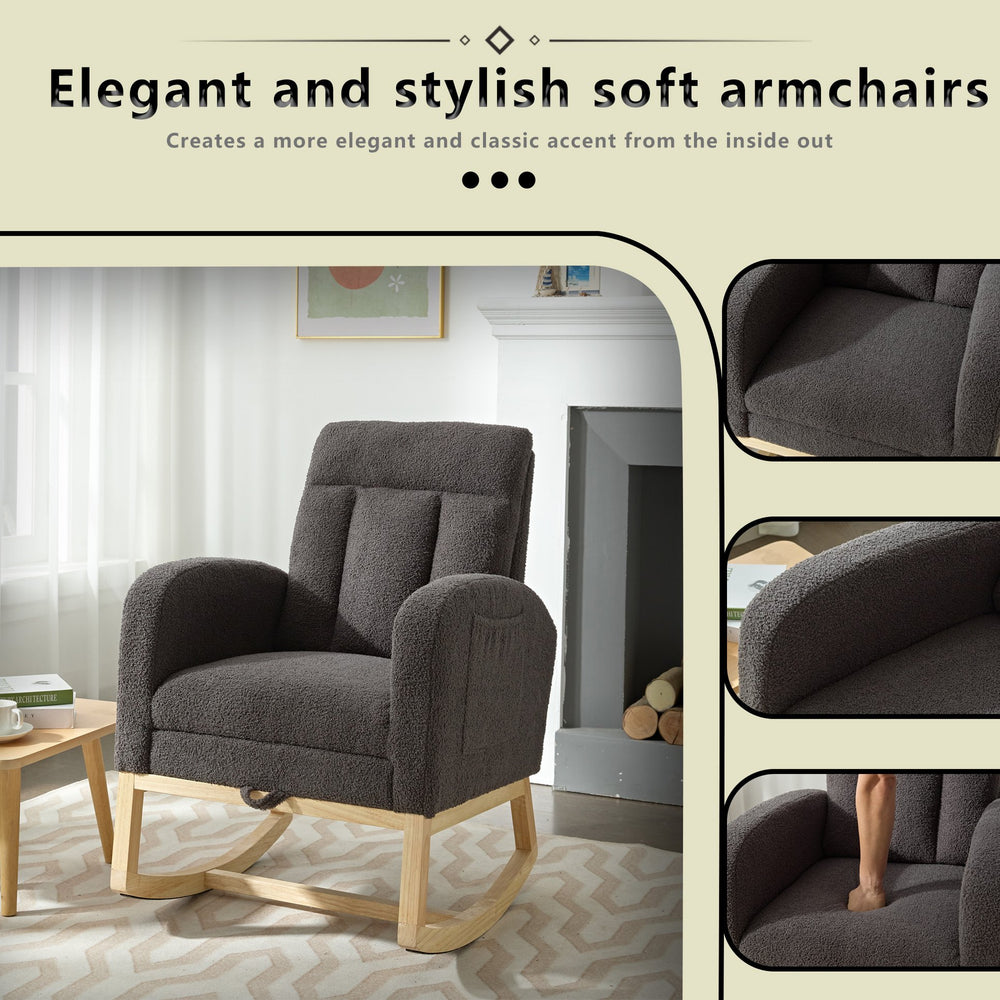 English Elm Modern Rocking Chair With Solid Wood Legs, Adjustable Footrest, And Side Pocket For Cozy Lounging W2725P199503