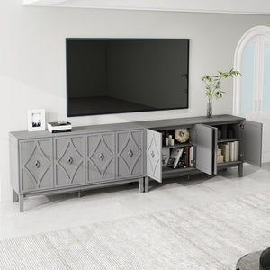 English Elm 4 Door Sideboard Buffet with Hand Carved Geometric Panels Black Oak Finish Raised Legs W688P359831