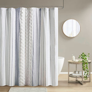 JLA Home INK+IVY - Cotton Imani Aztec Printed Shower Curtain with Chenille Stripe Trim — Boho Texture, OEKO‑TEX Certified Comfort White/Navy II70-1319