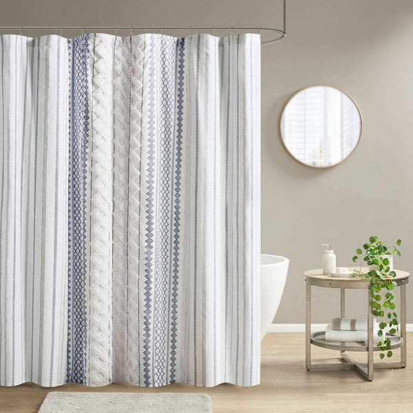 JLA Home INK+IVY - Cotton Imani Aztec Printed Shower Curtain with Chenille Stripe Trim — Boho Texture, OEKO‑TEX Certified Comfort White/Navy II70-1319