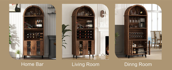 English Elm 71"Farmhouse Arched Wine Bar Cabinet with 15 Bottle Racks, 16 Glass Holders, Anti-Tip Safety for Living/Dining Brown Oak W2977P338256