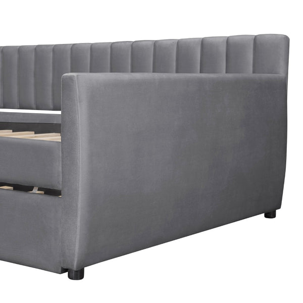 English Elm Full Size Velvet Upholstered Daybed with Pull Out Trundle and Wood Slat Support Gray LP100121AAE