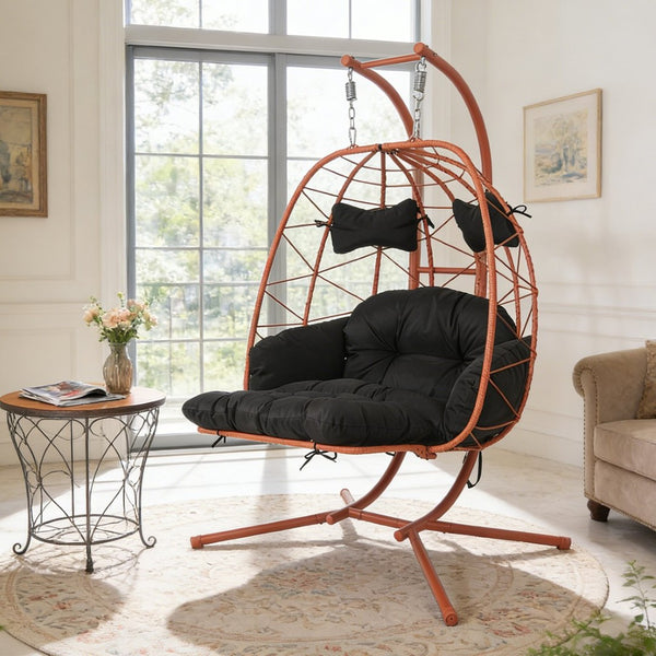 English Elm 2 Person Wicker Hanging Egg Chair with Stand Padded Swing for Patio or Garden T5880P500223