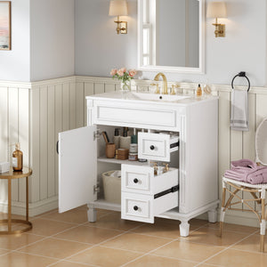 English Elm 30" French-Inspired Bathroom Vanity With Ceramic Sink, 2 Soft-Close Drawers & Adjustable Shelf Storage N710P323323K