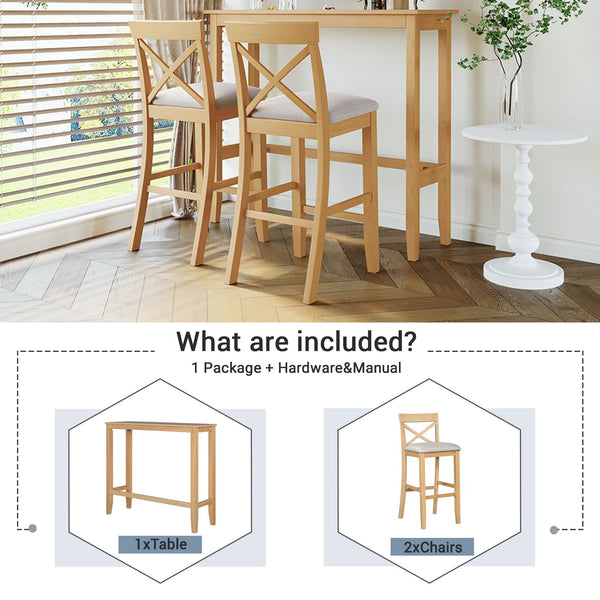 English Elm TOPMAX Farmhouse 48" Rectangular Wood Bar Height Dining Set with 2 Cushioned Stools, Space-Saving Design Natural+Beige N717P334716N
