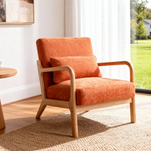 English Elm Mid Century Modern Accent Chair Rubberwood Frame with Lumbar Pillow for Living Room W2989P426392