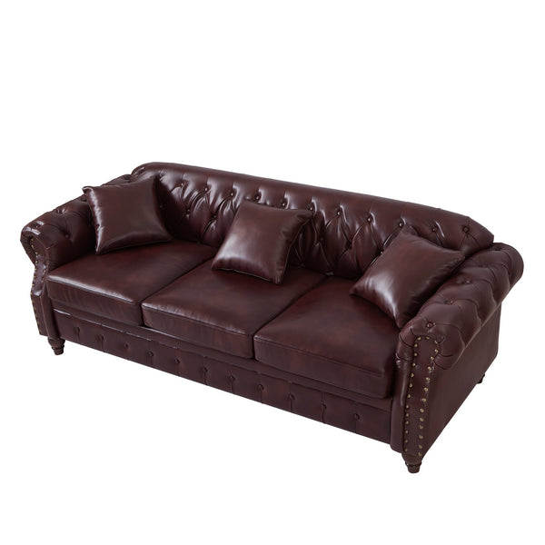 English Elm 85.8" Living Room Chesterfield Sofa with Storage Classic Tufted PU Upholstery Solid Wood Frame, 3-Seater Comfort Burgundy W1097S00149