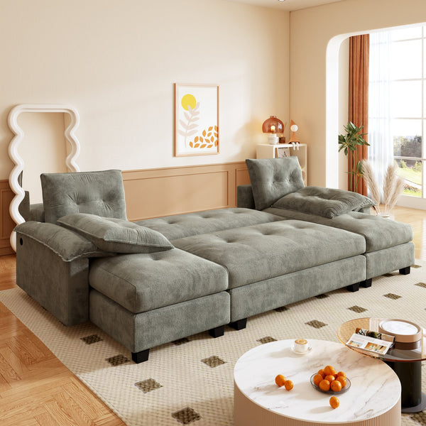 English Elm 104.7" U-Shaped Sleeper Sofa with Pull-Out Bed, Convertible Modular Sectional with Chaise, USB Ports, Chenille Upholstery LIGHT GREY W1885S00212