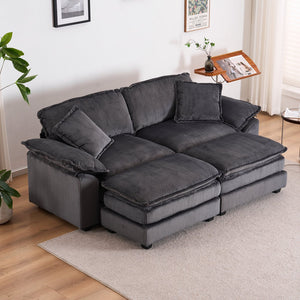 English Elm Corduroy Plush 2-Seat Sofa with 2 Back Cushions, Toss Pillows & Ottomans — Deep Seat Comfort Grey W2363S00064