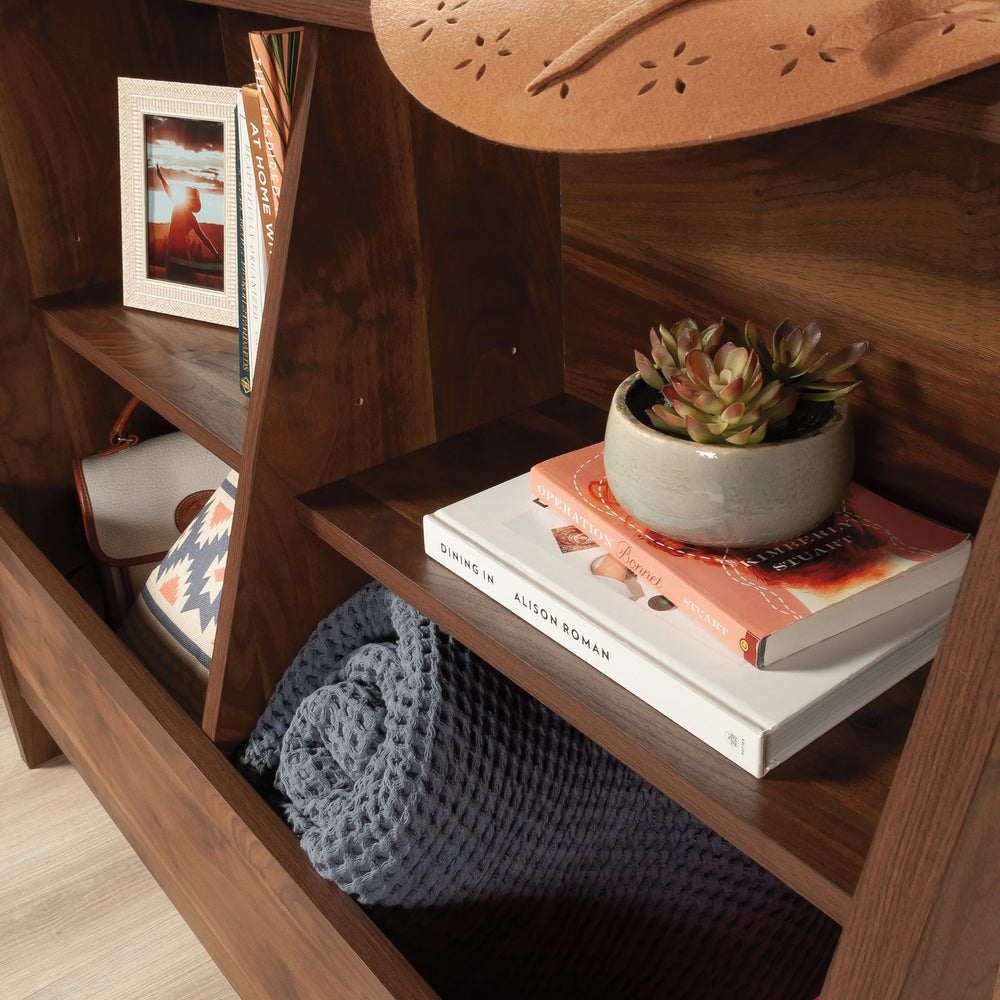 English Elm Bookcase, Medium Brown Engineered Wood With Adjustable Shelves & Dual-Purpose Footboard Design B356P402602