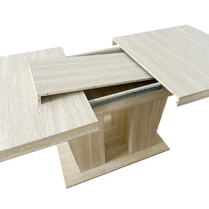 English Elm Rectangular extendable dining table with veined travertine top, beige MDF, sturdy wide feet, 6-10 seats W1347S00018