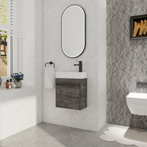 English Elm 18'' Floating Wall Vanity with Resin Sink, Open Shelf Storage, Eco-Friendly Plywood, Soft-Close Door Plaid Grey Oak W99936248