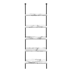English Elm Bookshelf, 5-Tier Ladder Design With White Marble-Look Shelves & Black Metal Frame For Modern Spaces B2710P219407