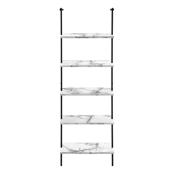 English Elm Bookshelf, 5-Tier Ladder Design With White Marble-Look Shelves & Black Metal Frame For Modern Spaces B2710P219407
