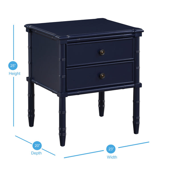 English Elm Emmett carved bamboo nightstand with 2 full‑extension drawers, brass knobs and floor‑protecting glides Dark Blue B050P376941