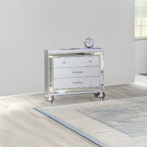 English Elm Sterling 3-Drawer Nightstand Mirrored Silver & White, Crocodile Texture, Crystal Handles, Glam Bedside 808857880529