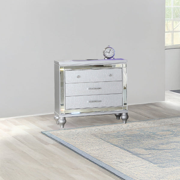 English Elm Sterling 3-Drawer Nightstand Mirrored Silver & White, Crocodile Texture, Crystal Handles, Glam Bedside 808857880529