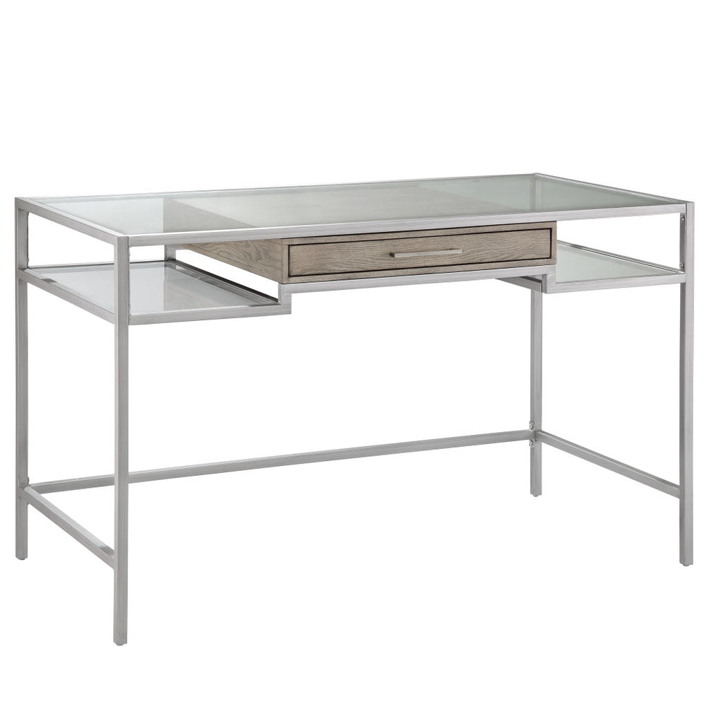 JLA Home Madison Park - Writing Desk with Tempered Glass Top, Brushed Silver Metal Frame, Minimalist Drawer & Open Legs MP122-0923