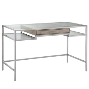 JLA Home Madison Park - Writing Desk with Tempered Glass Top, Brushed Silver Metal Frame, Minimalist Drawer & Open Legs MP122-0923