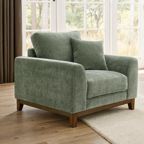 English Elm Olive Mid-Century Accent Chair with Walnut Trim, Tapered Legs & Soft Upholstery for Living Room B2741P396722